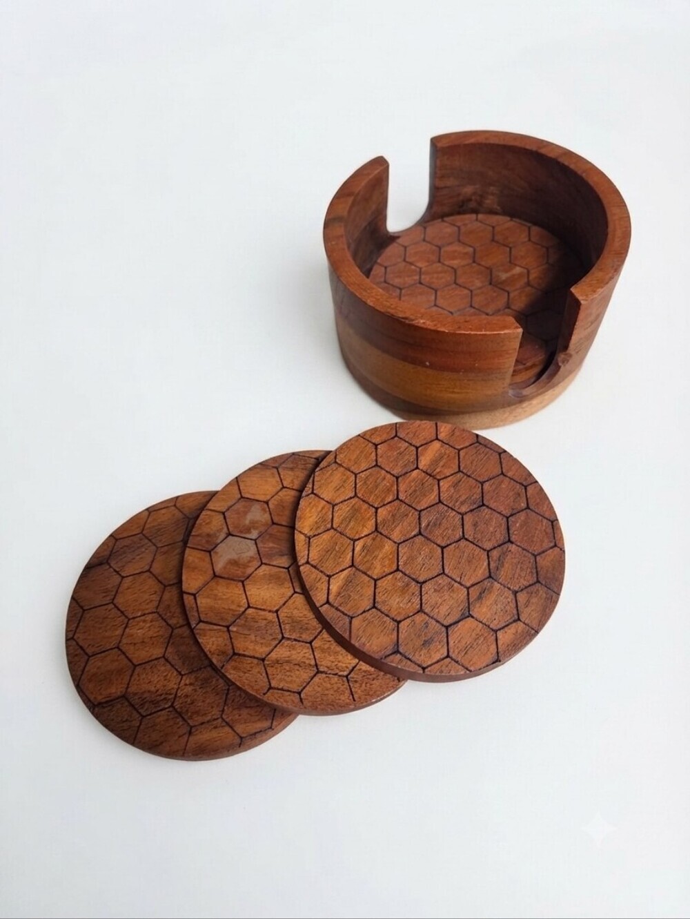 Wooden Round Coasters with Holder Honeycomb Hexagon Pattern Wood Home Decor